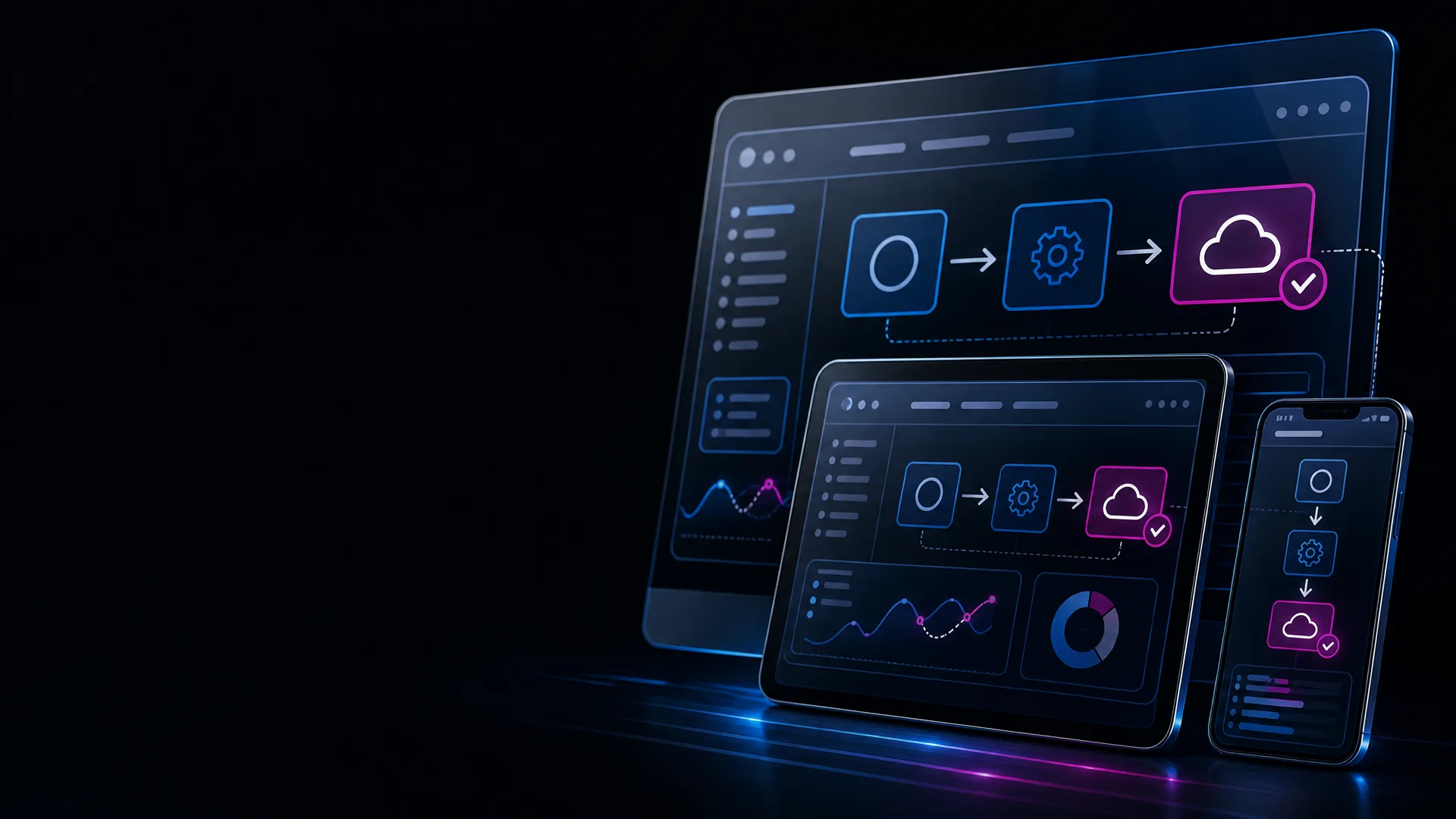 Layered translucent desktop, tablet and mobile application screens with build, test and deploy indicators