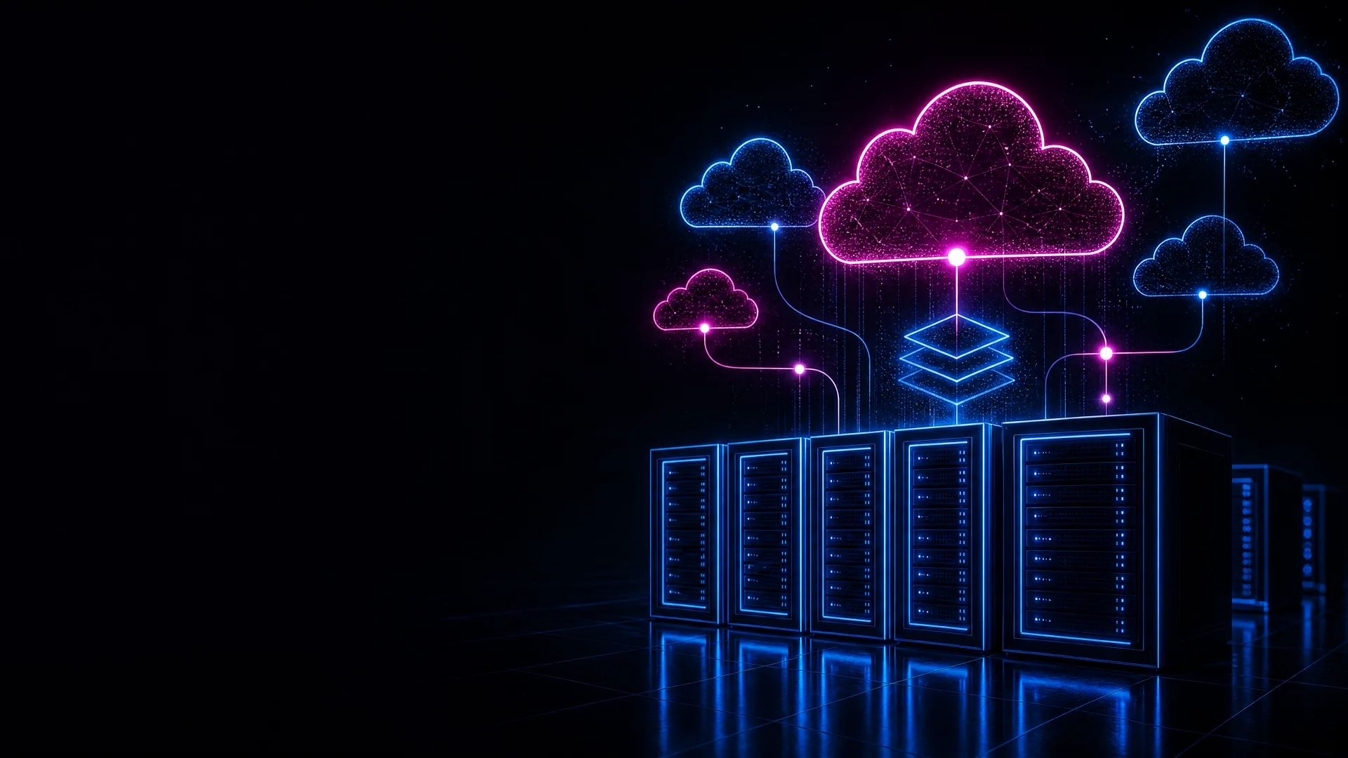 On-premises server racks connected by streams of light to stylised clouds, illustrating hybrid cloud and VMware integration