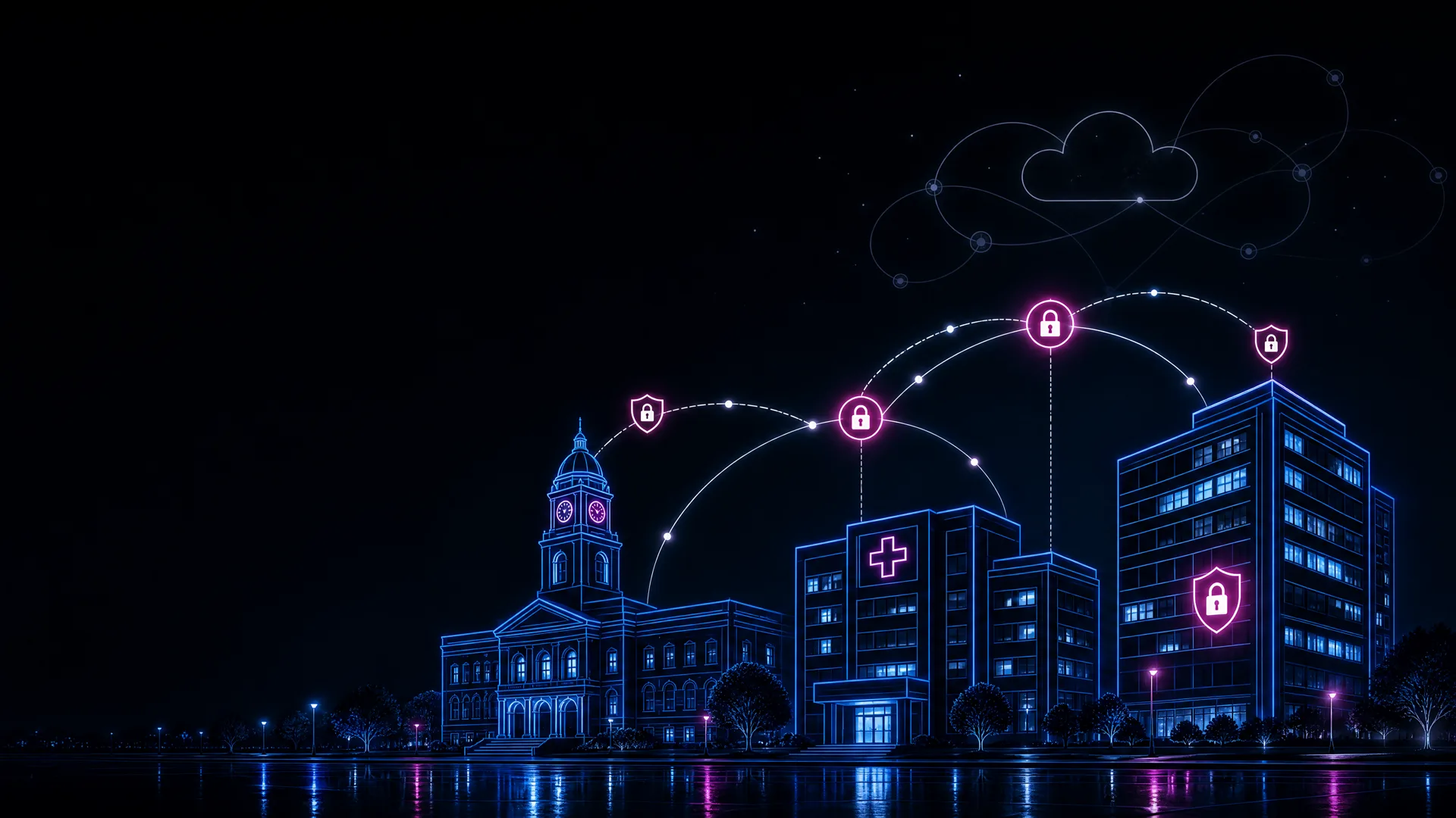Night-time skyline of UK civic buildings including a town hall and hospital, linked by secure data connections with shield and padlock icons